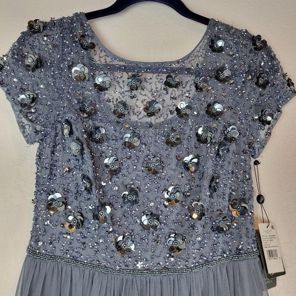 NWT Adrianna Papell Floral Beaded Top w/Tulle Chiffon Gown in Dusty Blue Size 6 - Picture 4 of 15